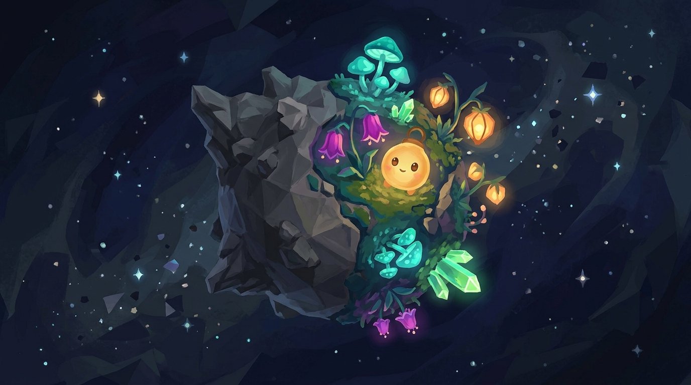 GLIMMER — a tiny planet half-awake, glowing with bioluminescent color